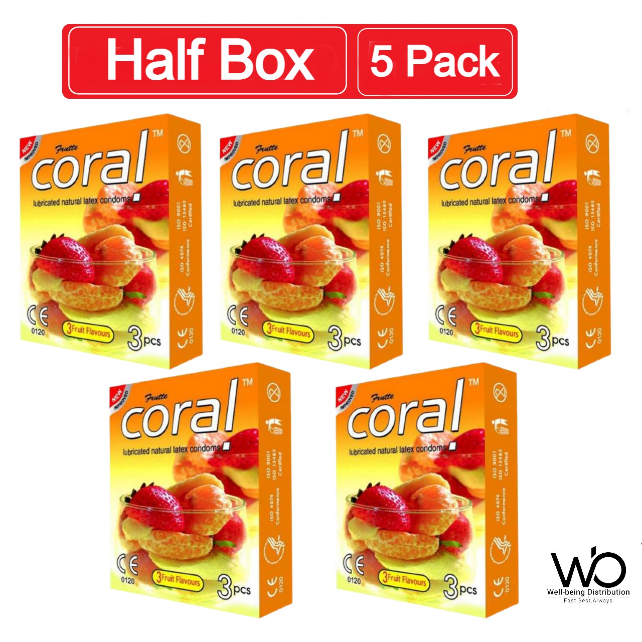 Coral Condom for Men 3 Fruits Flavors Girl Lubricated Natural Latex Condom | 5 Pack Combo 3×5=15pcs | Malaysia