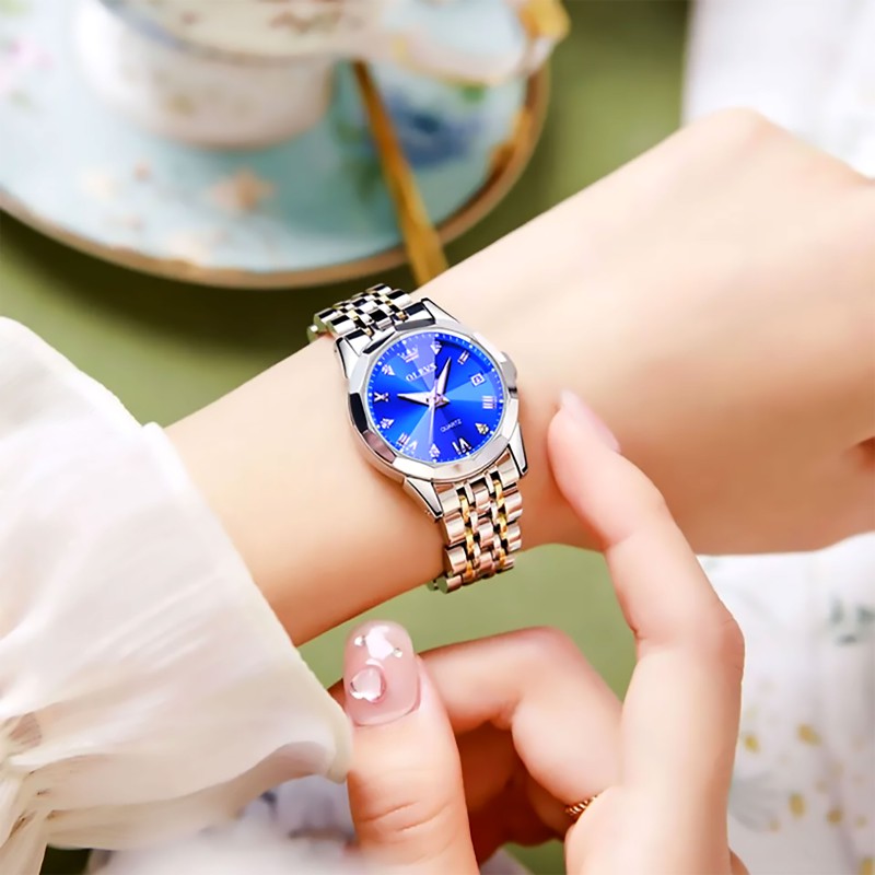 OLEVS Watch for Women Branded Stainless steel Elegant Luminous Ladies Watches 9931 Silver Royal Blue