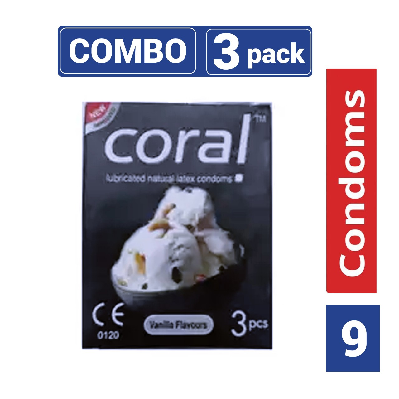 Coral – Vanilla Flavors Lubricated Natural Latex Condom – Combo Pack – 3 Packs – 3×3 – 9pcs