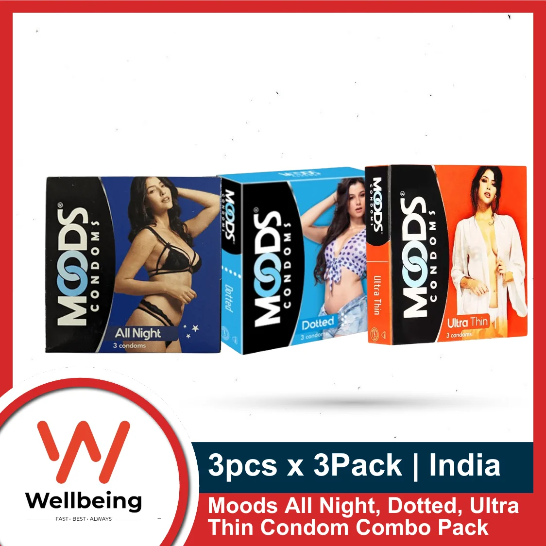 Moods Condom Combo 3pcs x 3pack- Moods All Night, Dotted & Ultra Thin Condom for Men | India