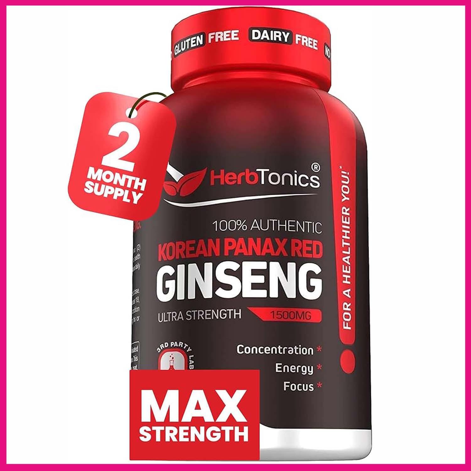 Herbtonics Korean Red Panax Ginseng 1500mg - High Potency Ginseng for Energy, Performance & Immune Support for Men & Women - Ginseng Root Extract Powder Supplement for Focus and Vitality