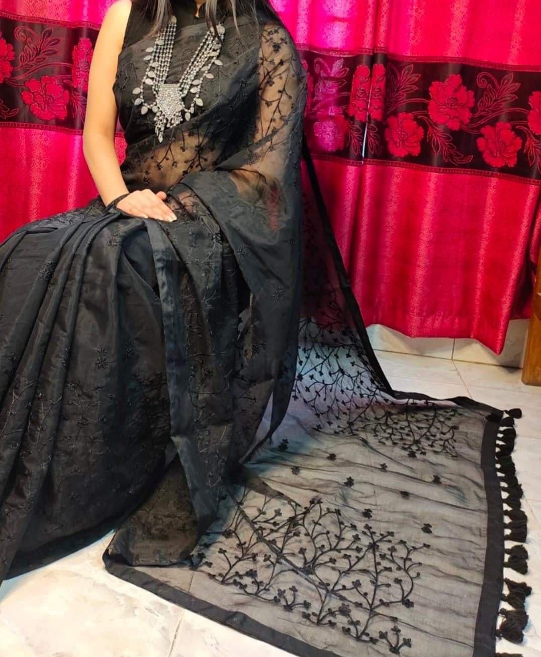Embroidery work on half-silk sarees