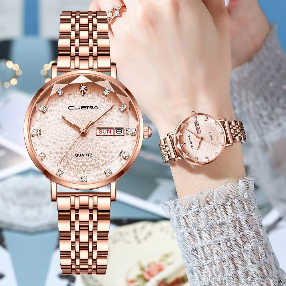 CUENA 6002 Luxury Date Rhinestone Bracelet Ladies Watch-Rose Gold