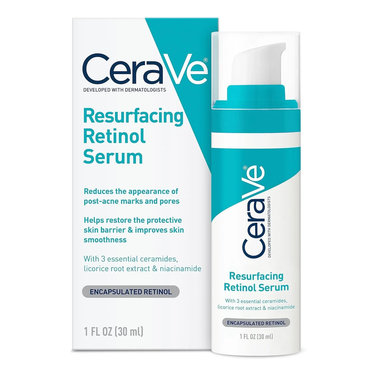 CeraVe Resurfacing Retinol Serum 30ml for Post-Acne Marks and Skin Texture | Pore Refining, Resurfacing, Brightening Facial Serum with Retinol and Niacinamide | Fragrance Free, Paraben Free & Non-Come