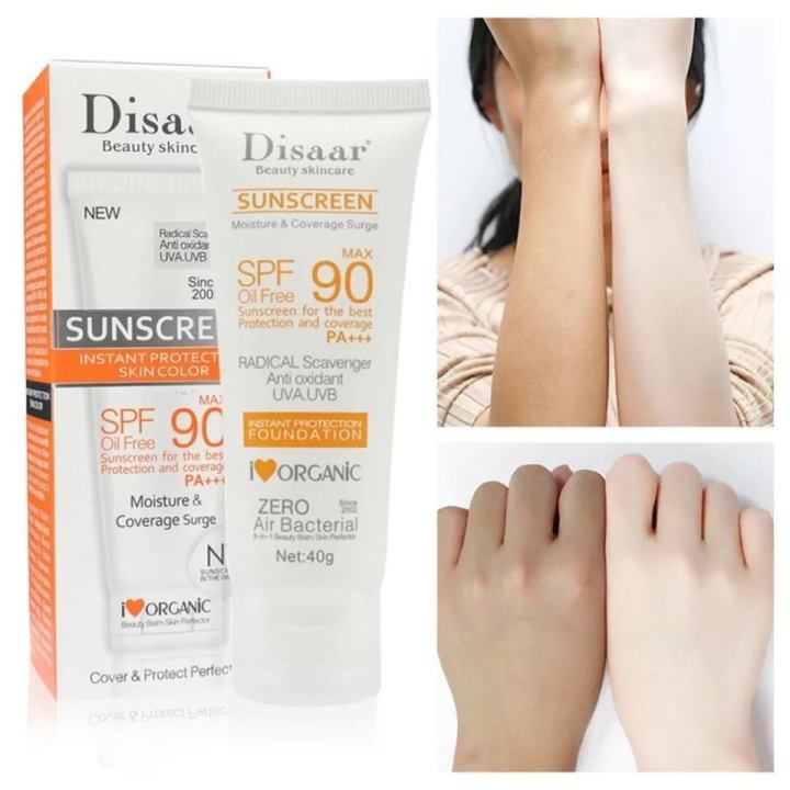 Disaar SPF90 Oil-Free Sunscreen Cream 40g | Instant Protection UVA UVB Foundation PA+++