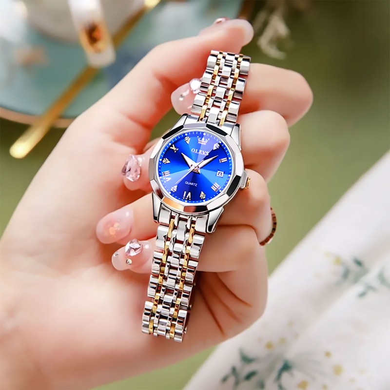 OLEVS Watch for Women Branded Stainless steel Elegant Luminous Ladies Watches 9931 Silver Royal Blue