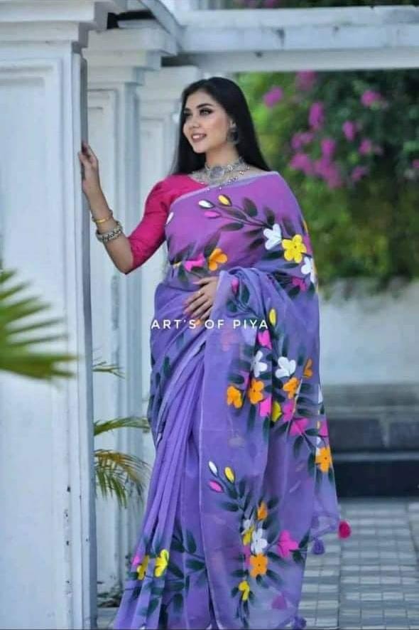 Handprint half-silk sarees For Ladies