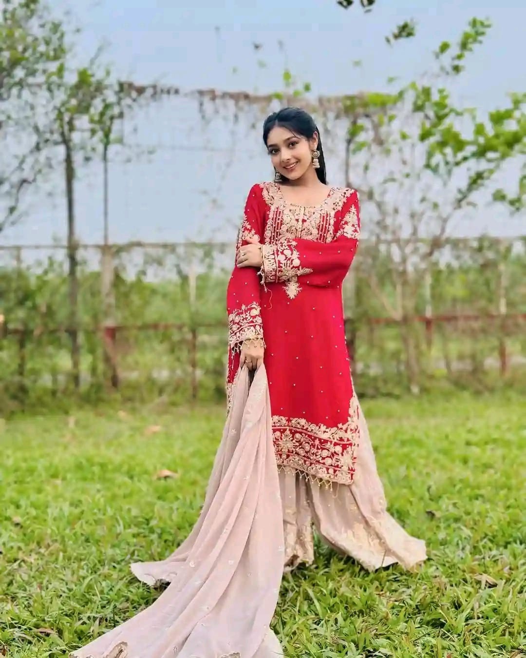 Viral Red Sharara Three Piece