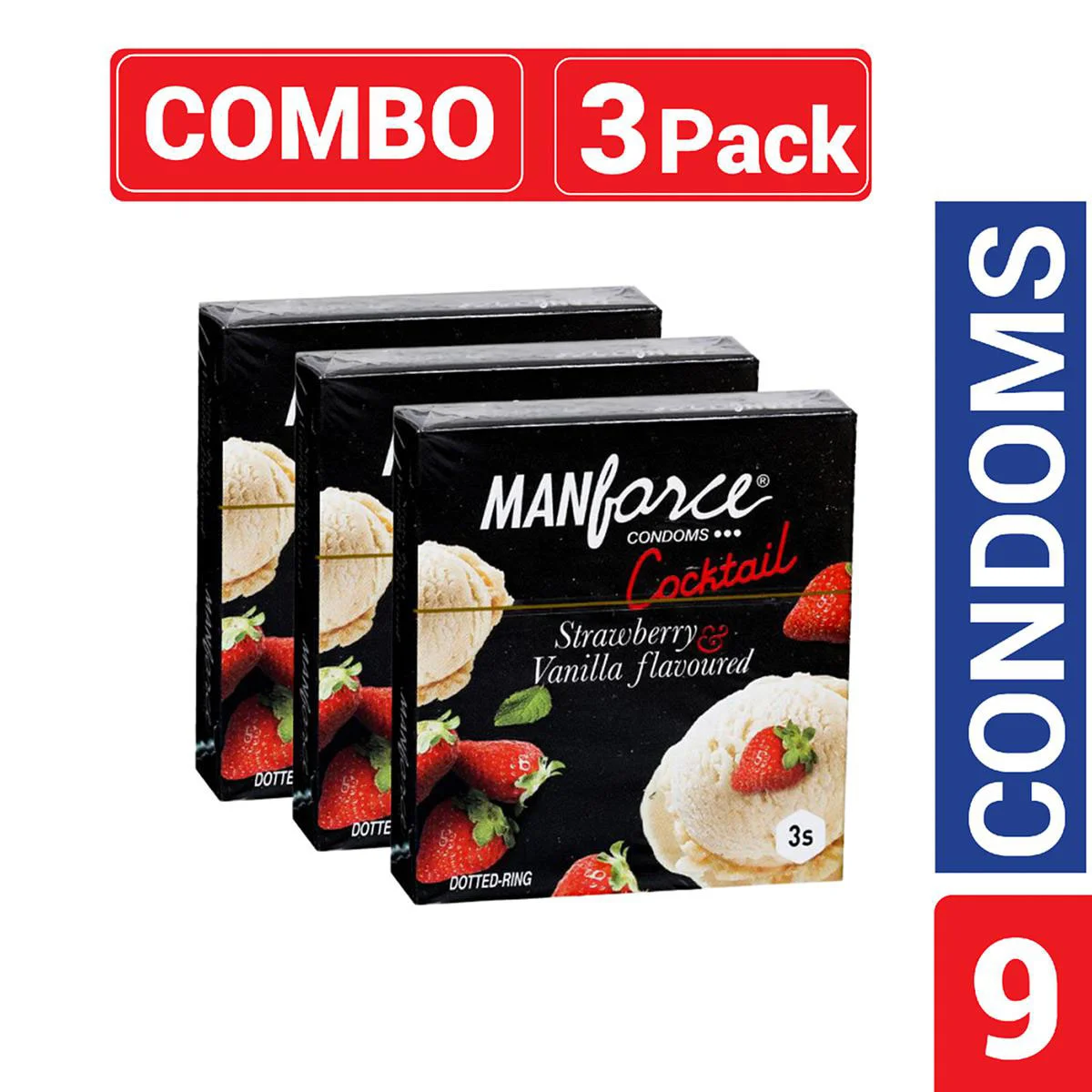 Manforce Cocktail Condoms with Dotted-Rings Strawberry & Vanilla Flavored 9pcs Pack | India