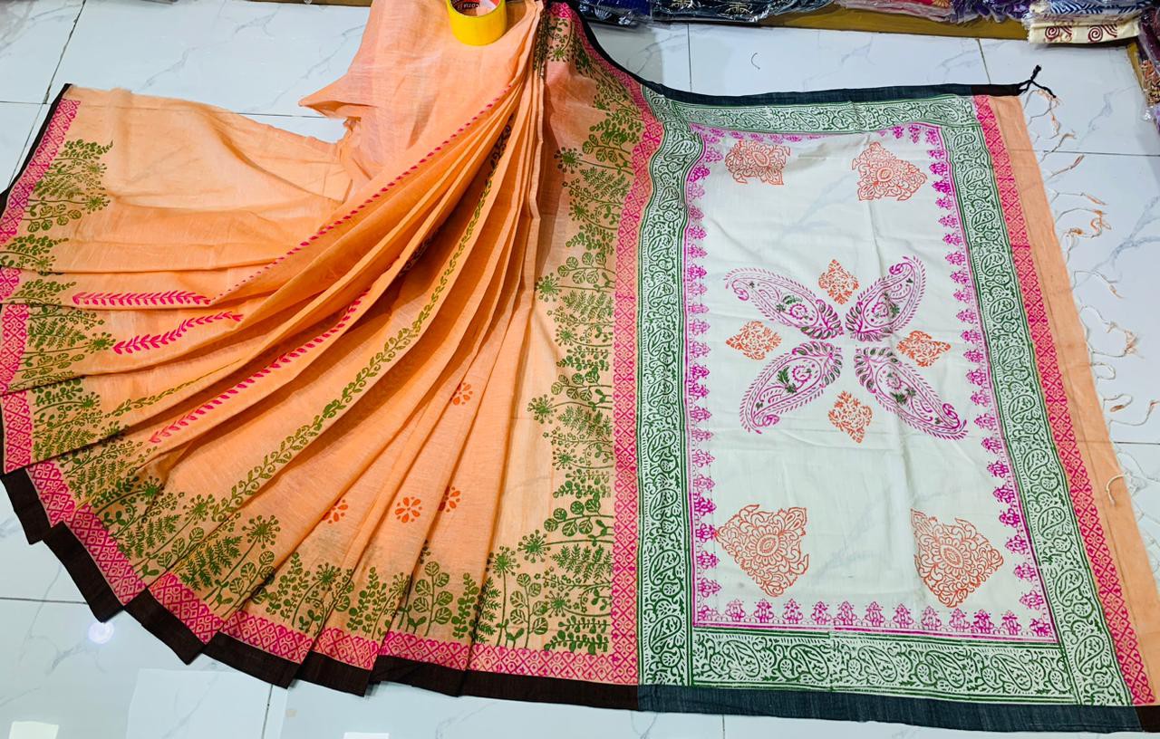 Cotton block print saree