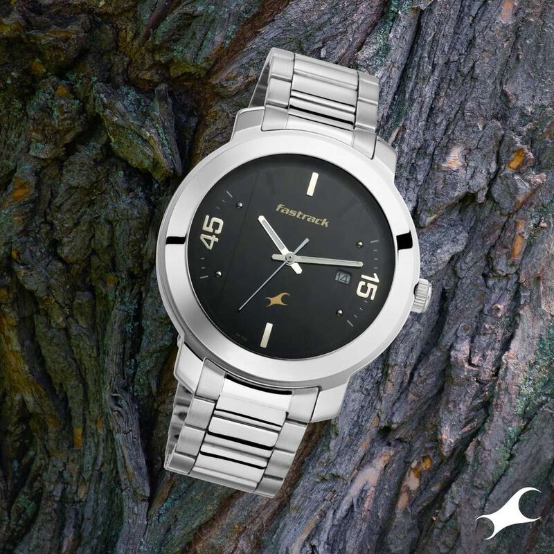 Fastrack NS3246SM02 Bare Basics Quartz Analog with Date Black Dial Stainless Steel Strap Watch