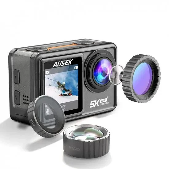 Ausek AT-S81TR Waterproof Dual Display 5K Action Camera With Filter