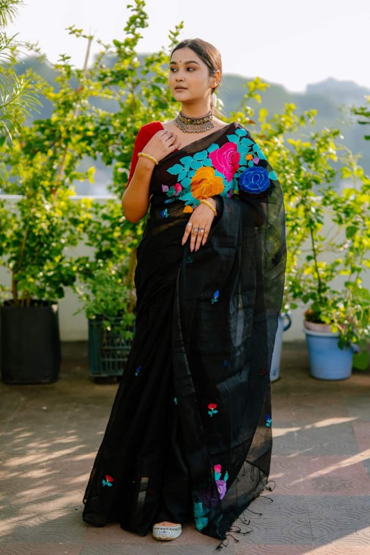 Half silk embroidered saree. For Women