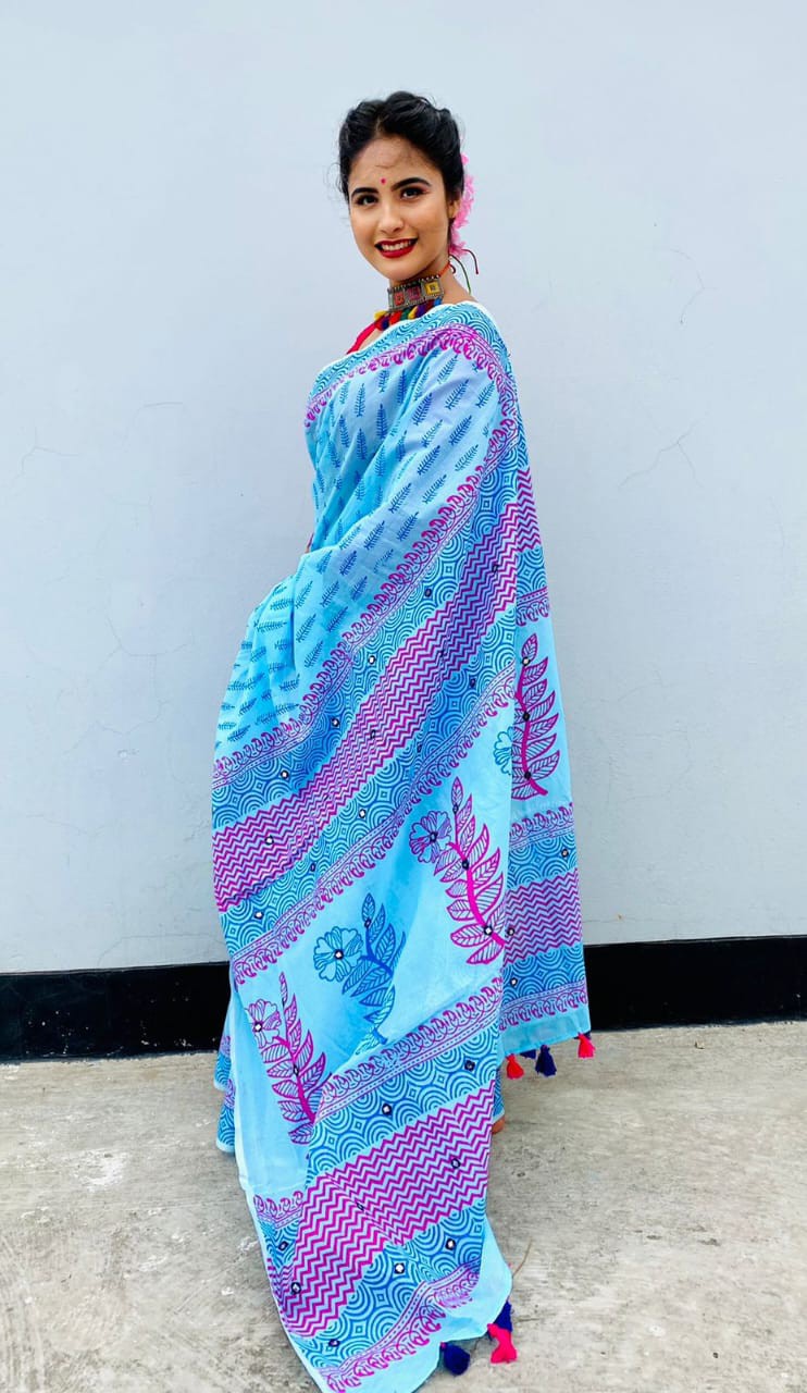Half Silk Block Print Saree with Blouse Piece