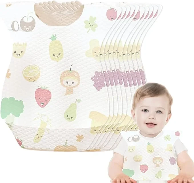 10pcs Baby Smile Disposable Bibs Baby Bib Waterproof with Food Catcher Pocket Suitable for Toddlers, Feeding, Traveling, Outdoor Use, Fruit pattern