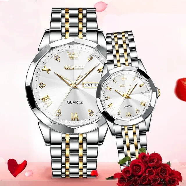 Olevs Stainless Steel fashionable Couple watches Silver -(1)