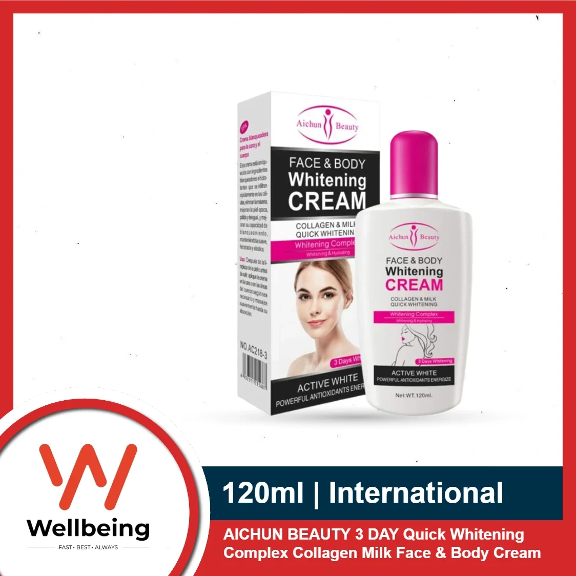 AICHUN BEAUTY 3 DAY Quick Whitening Cream 120ml Whitening Complex Collagen Milk Face & Body Cream Power Antioxidants