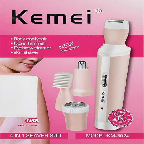 Kemei Km-3024 Multifunctional 4 In 1 Rechargeable Face, Eyebrow, Nose, & Lady Shaver for Women