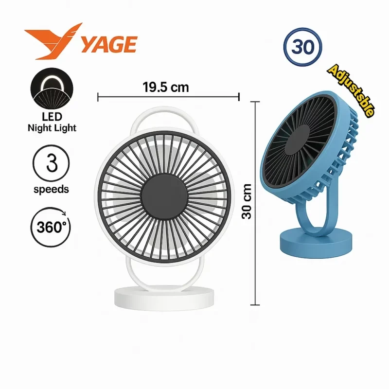 YAGE YG-7999N Rechargeable 8-Inch 360° Rotation Fan with LED Light – White Color