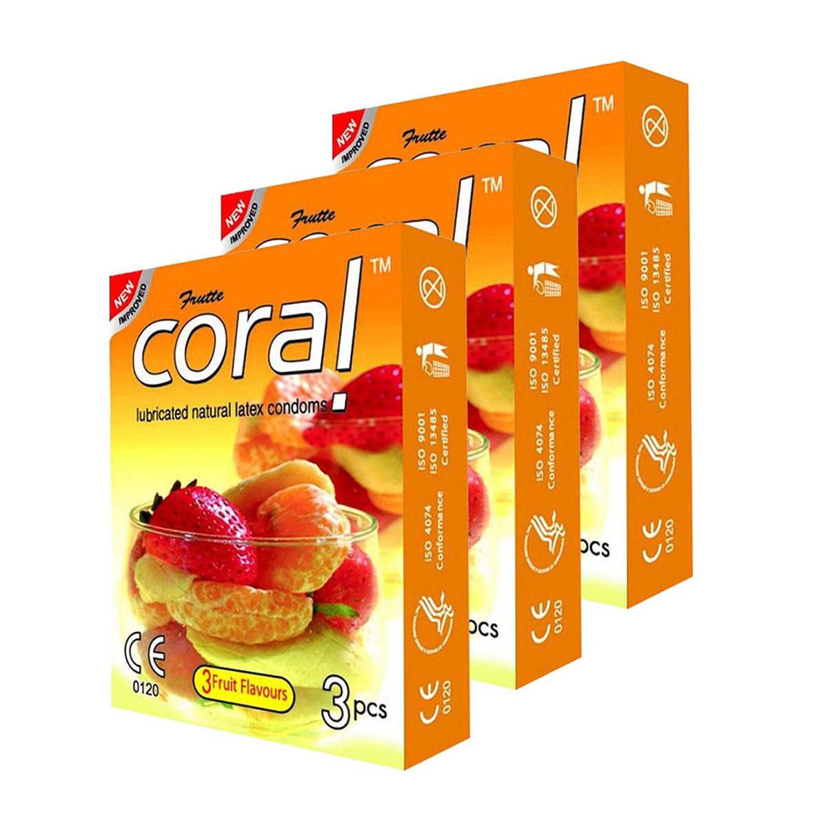 Coral Condom for Men 3 Fruits Flavors Girl Lubricated Natural Latex Condom | 3 Pack Combo 3×3=9pcs | Malaysia (Copy)