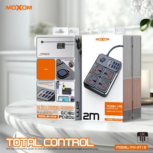 MOXOM MX-ST17 Power Strip 4 Socket 7 USB + 1Type-C 20W 2m Black