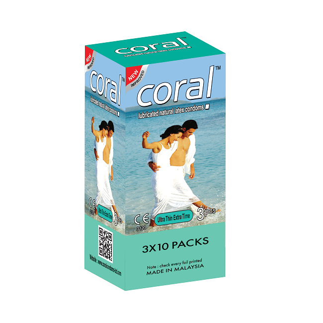 Coral Ultra Thin Extra Time Lubricated Natural Latex Condom for Men | Full Box 3×10= 30pcs | Malaysia