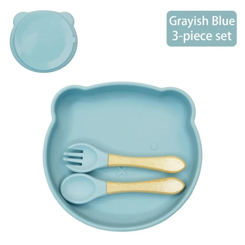 Baby Feeding Set 1Plate+2Spoon Set Multicolor Silicone | Food Grade Silicone Dining Plate Combination Baby Feeding Dining Plate Cartoon Kids Dishes Eating Training Accessories