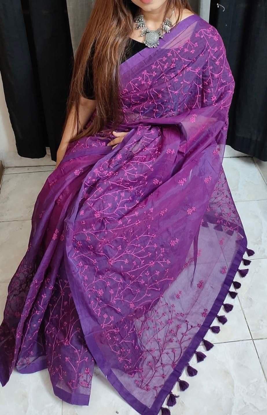 Embroidery work on half-silk sarees