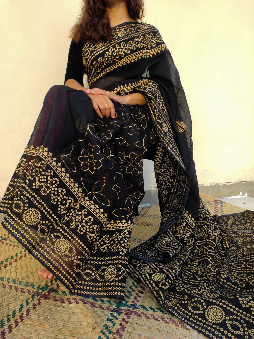 Silk Chunri Block Print Saree