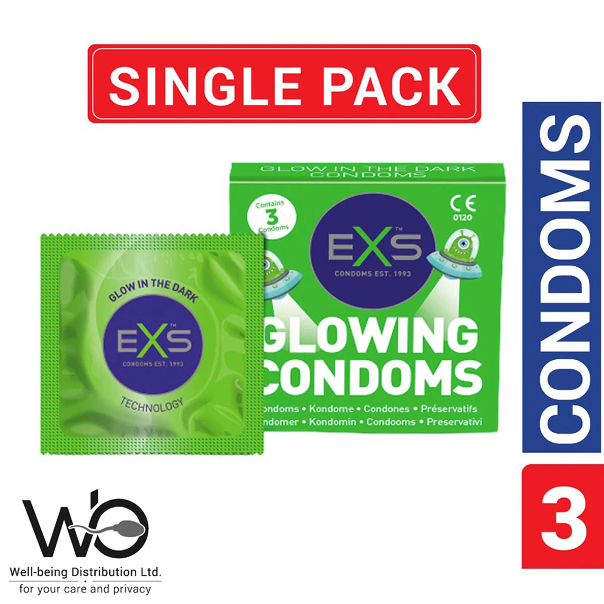 EXS – Glow In The Dark Condom – Single Pack – 3×1=3pcs (Made in UK)