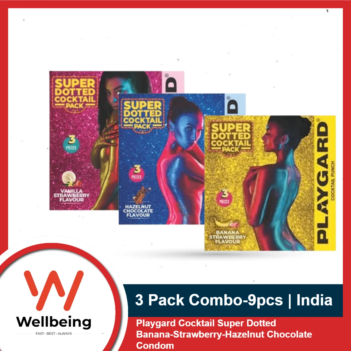 Playgard Combo Pack Cocktail Super Dotted Banana-Strawberry-Hazelnut Chocolate Condom for Men 3’sx3 Pack | Wedding, Honeymoon, Valentine Couple Combo Pack | India