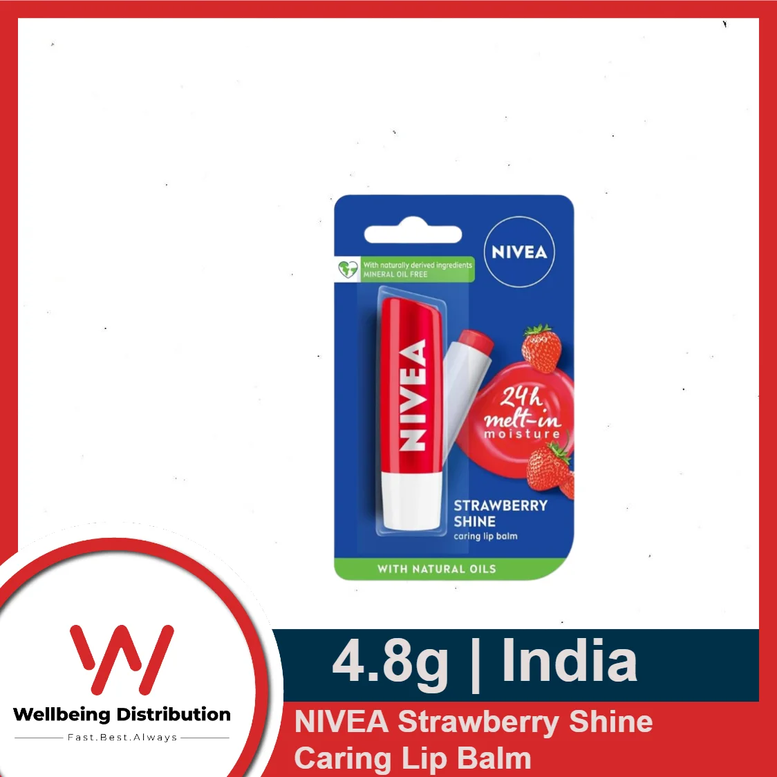 NIVEA Strawberry Shine 4.8g Lip Balm | 24 H Melt in Moisture Formula | Natural Oils | Glossy Finish