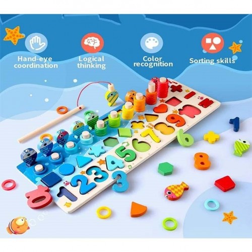 Wooden Number Puzzle Board Toddler Educational Early Learning Fishing Toys