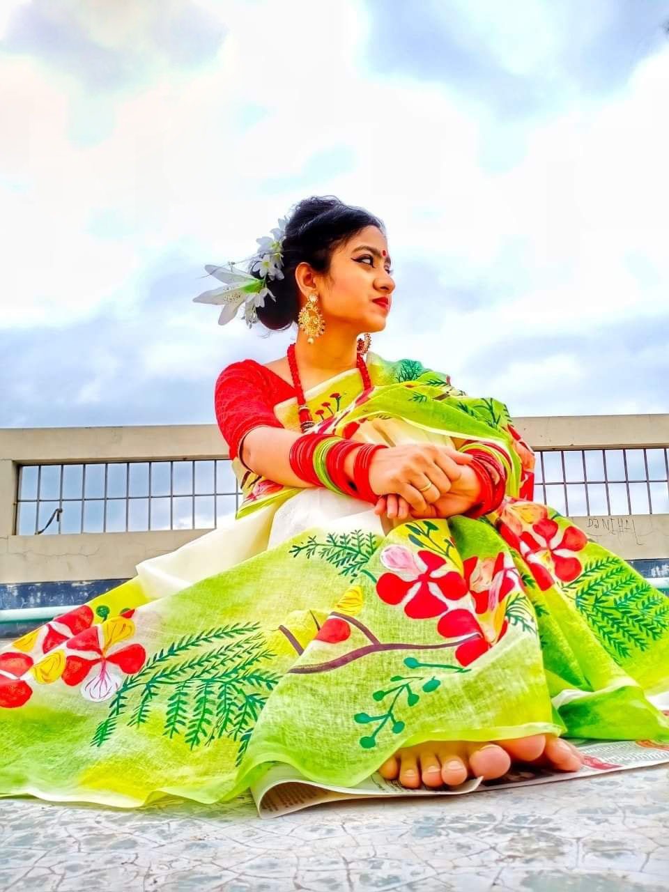 Hand Print Half Silk Saree Work For Girl