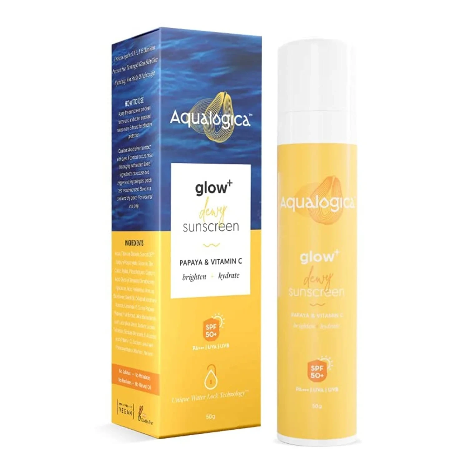 Aqualogica All Glow+ Dewy Sunscreen Gel With Papaya & Vitamin C 50gm | Broad Spectrum Spf 50+ Pa++++|Uva & Blue Light Protection|Anti-Pollution Factor (Apf)|Brightens SkinIFragrance-Free & No White Ca