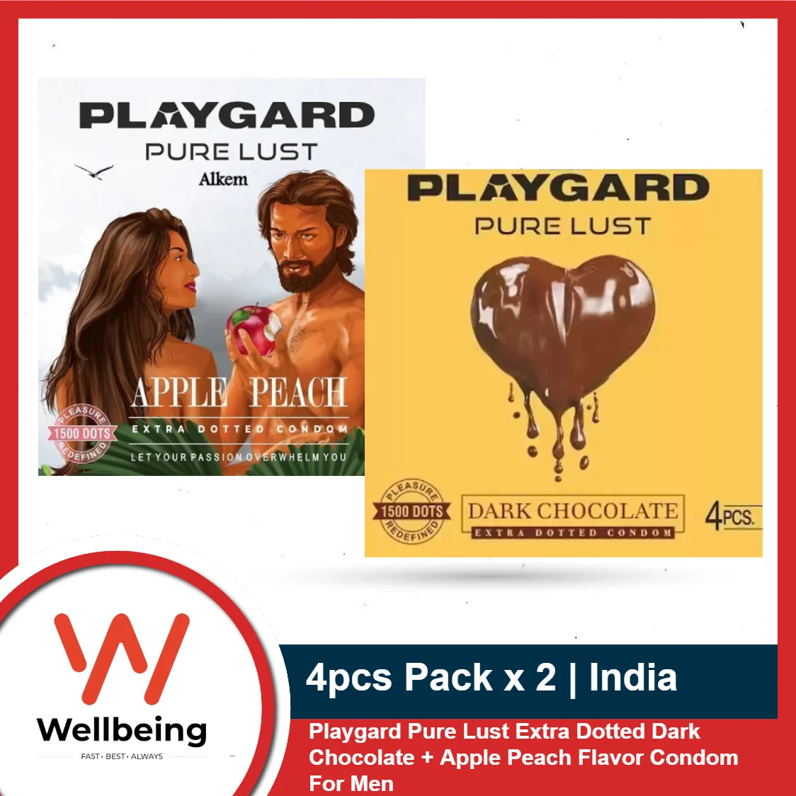 Playgard Condom Combo Pack 4pcs x2 Pure Lust Extra Dotted Dark Chocolate+Apple Peach Flavor Condom For Men | India | Wedding, Honeymoon, Valentine Couple Combo Pack