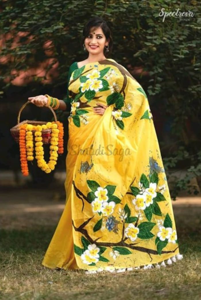 Yellow Color Embroidery Work On Half Silk Sarees
