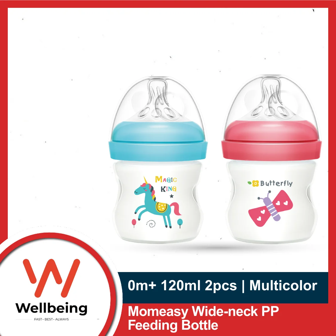 Momeasy Wide Neck PP feeding Bottle with Anti-Colic Nipple 0m+ 120ml 2pcs Pack – Multicolor