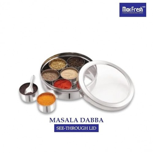 Stainless Steel Masala Dabba Spice Box With Transparent Glass Lids - 7 Pcs