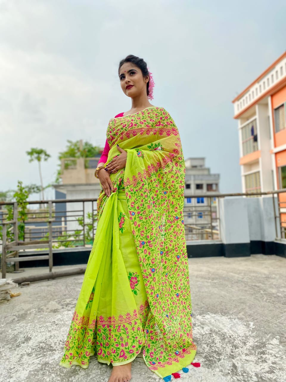 Half Silk Block Print Saree with Blouse Piece For Women