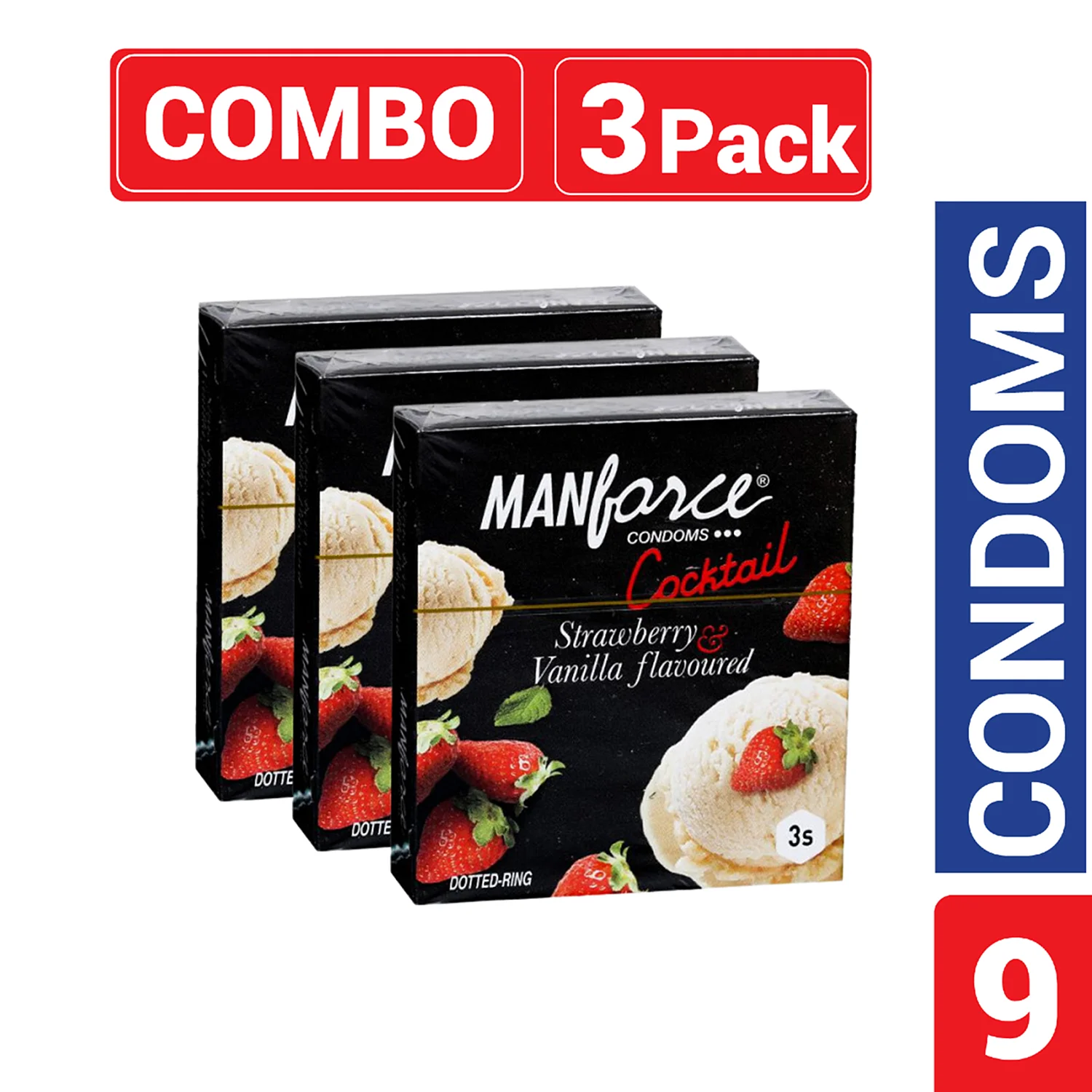 Manforce – Cocktail Condoms with Dotted-Rings Strawberry & Vanilla Flavored – Combo Pack – 3 Pack – 3×3=9pcs