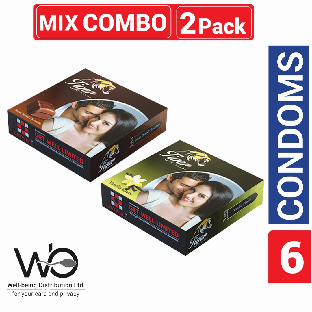 Tiger Condom Mix - 1 Pack Chocolate & 1 Pack Vanilla Flavord Condom - 3x2=6pcs Condom