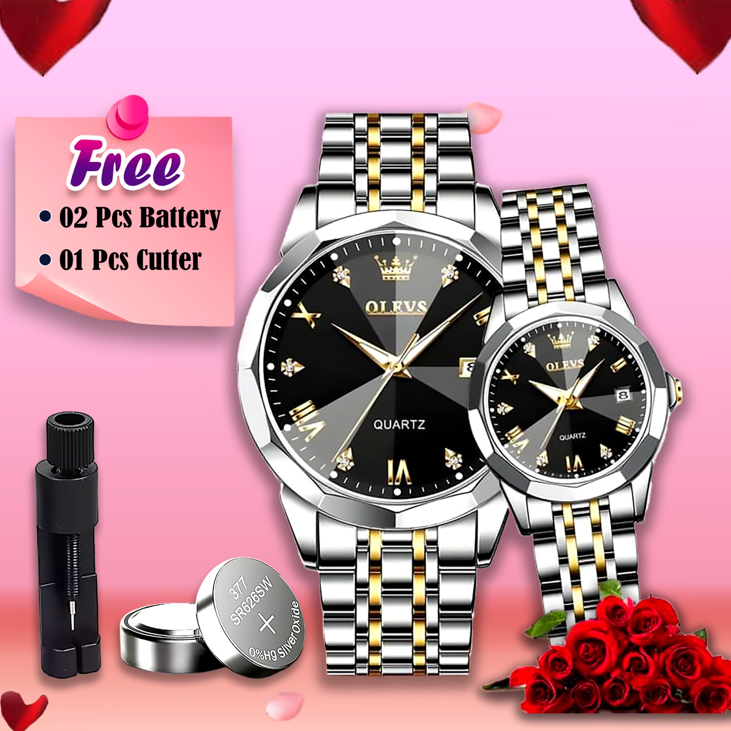 Butter Fly Lock Olievs Stainless Steel fashionable Couple watches +1pcs chain cutter+ 2 pcs battery Silver black (2)