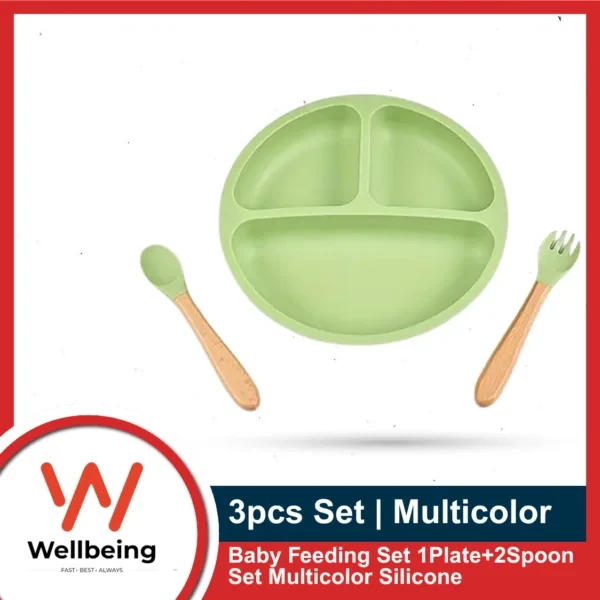 1Plate+2Spoon Baby Feeding Set Multicolor Silicone | Food Grade Silicone Dining Plate Combination Baby Feeding Dining Plate Cartoon Kids Dishes Eating Training Accessories