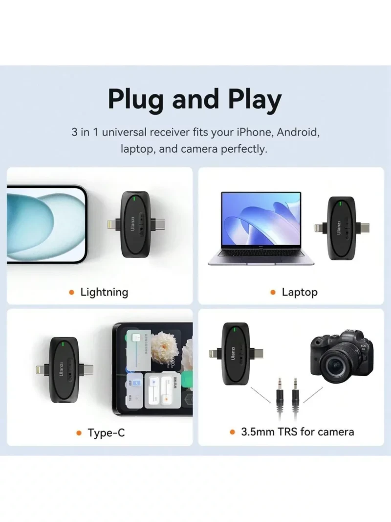 Ulanzi V6 3-in-1 Wireless Lavalier Microphone for iPhone, Android, Tablet & Camera