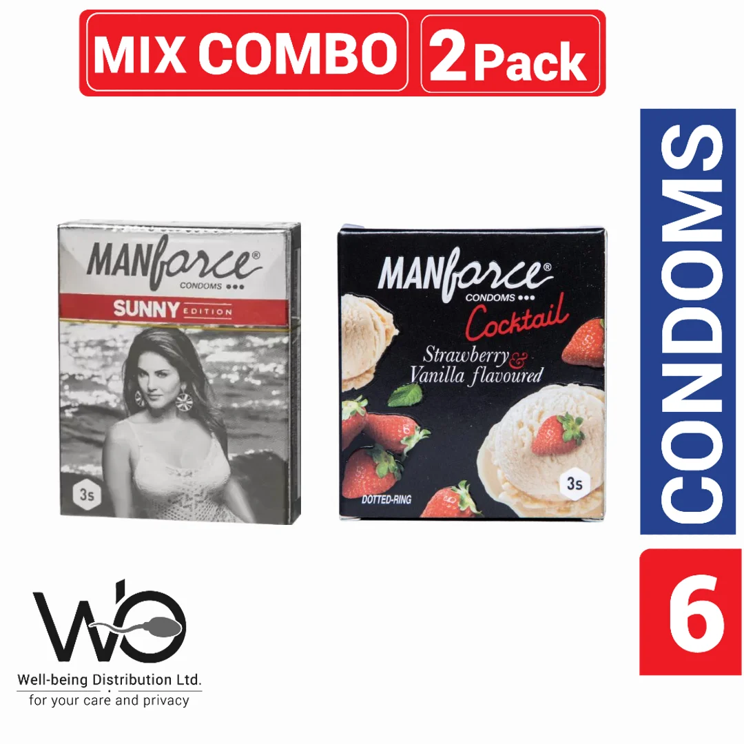 Manforce Condom Mix – 1 Pack Sunny Edition & 1 Pack Cocktail Strawberry & Vanilla Flavor Dotted Condom – 3×2=6pcs Condom (Made in India)