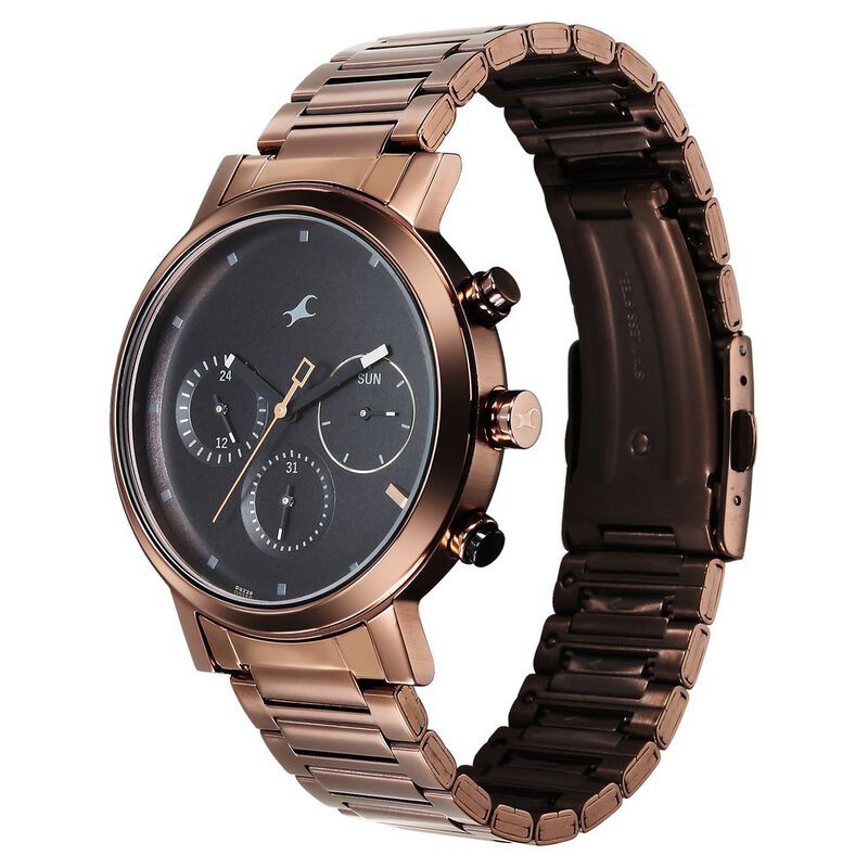 Fastrack 3287KM07 Tick Tock Quartz Analog Black Dial With Brown Stainless steel Strap Watch