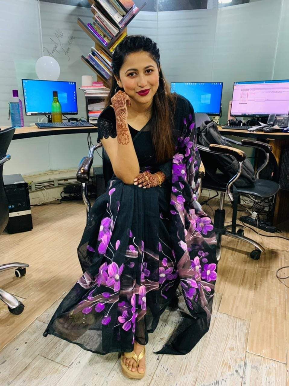 Black Hand Print Half Silk Saree