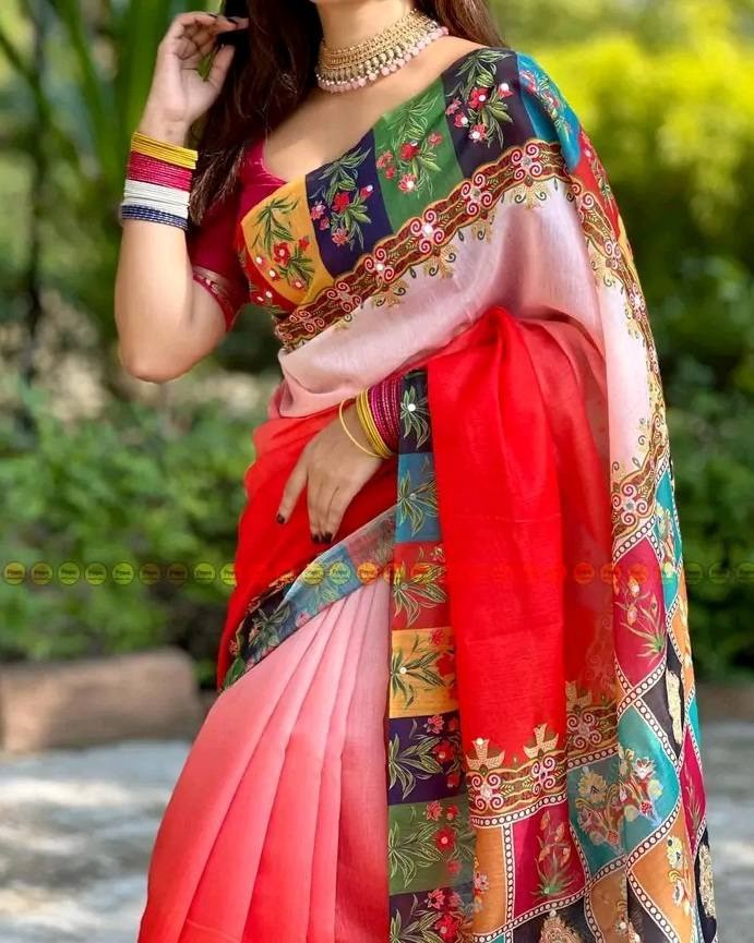 Stone and Digital Print Saree with Blouse Piece