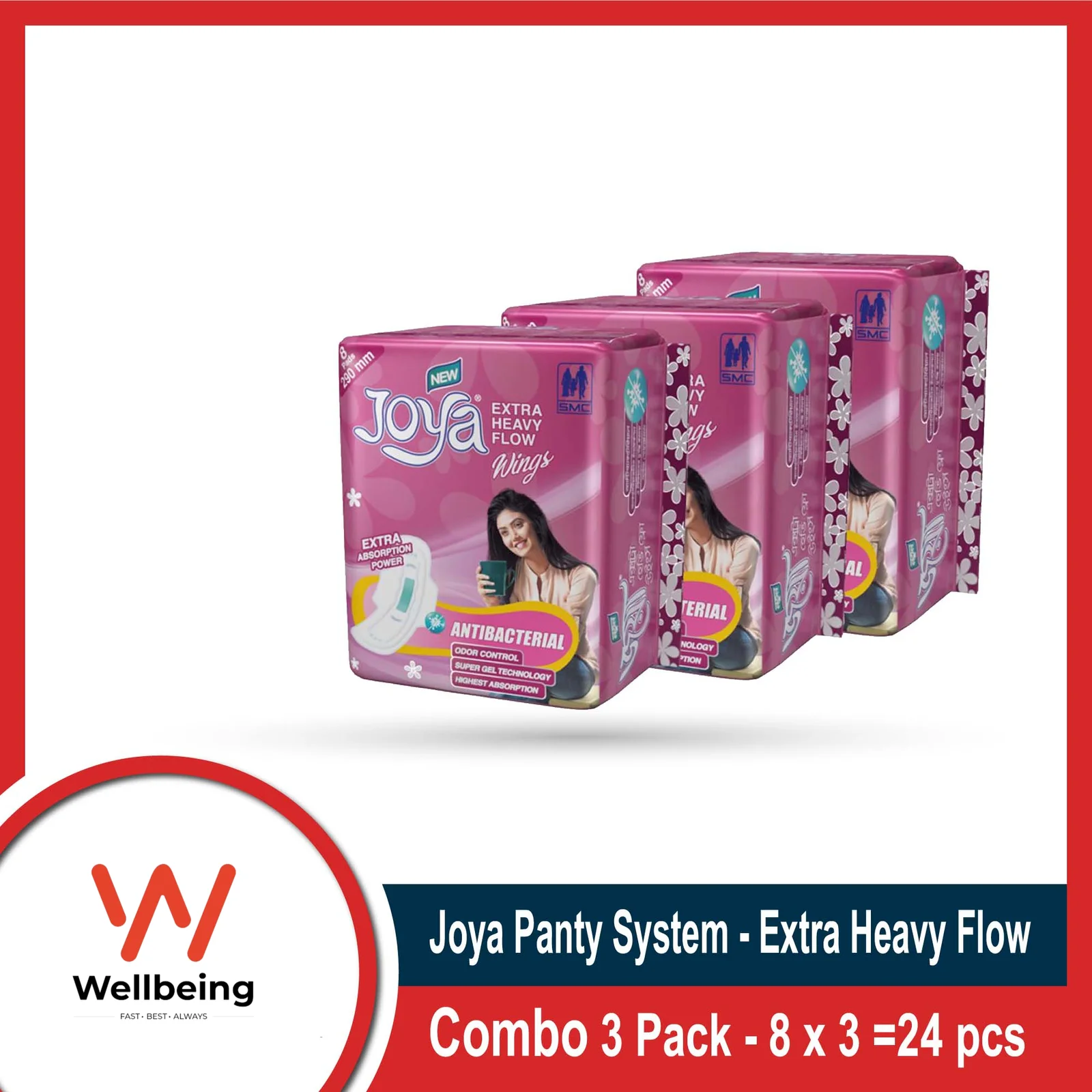 Joya Sanitary Napkin – Wings Extra Heavy Flow – 8 Pads Pack – Panty/Wings System – Combo of 3 Pack – 24 Pads – pad
